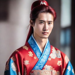 A beautiful young Chinese man with long red hair and blue eyes, without any facial hair