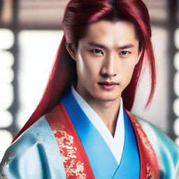 A beautiful young Chinese man with long red hair and blue eyes, without any facial hair