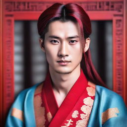 A beautiful young Chinese man with long red hair and blue eyes, without any facial hair
