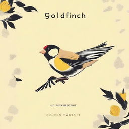 Create a book cover that features the title 'Goldfinch, by Donna Tartt' and includes an image of a flying goldfinch