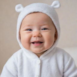 An adorable baby with sparkling eyes, chubby cheeks and a joyful smile, dressed in a soft cotton onesie