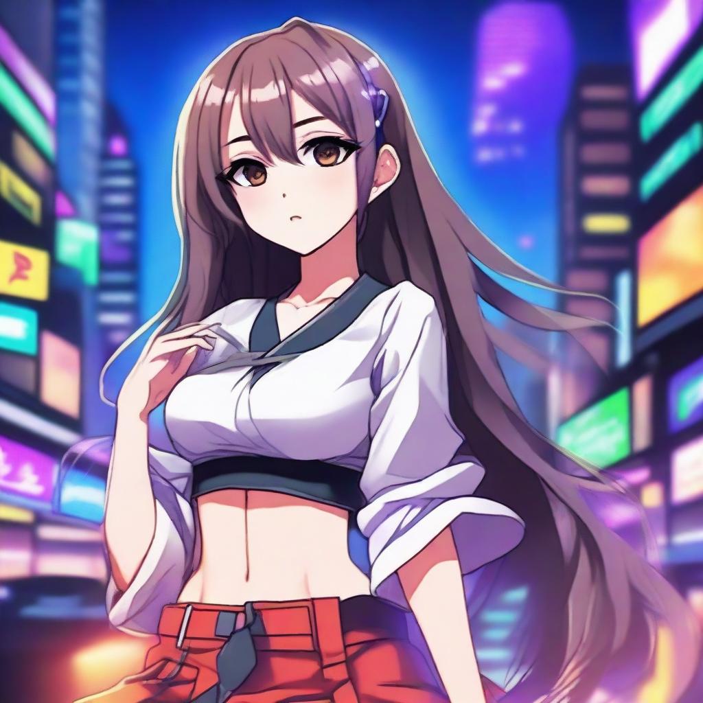 A petite Japanese anime girl with a stylish and slightly provocative outfit