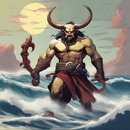 A D&D character with a regular face and slim body, featuring Oni horns that resemble an ox's