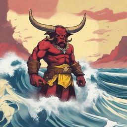 A D&D character with a regular face and slim body, featuring Oni horns that resemble an ox's