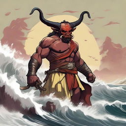 A D&D character with a regular face and slim body, featuring Oni horns that resemble an ox's