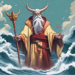 A D&D sea priest with a regular face and slim body, featuring Oni horns that resemble an ox's