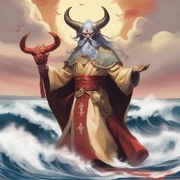A D&D sea priest with a regular face and slim body, featuring Oni horns that resemble an ox's