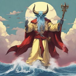 A D&D sea priest with a regular face and slim body, featuring Oni horns that resemble an ox's