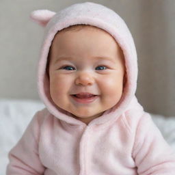 An adorable baby with sparkling eyes, chubby cheeks and a joyful smile, dressed in a soft cotton onesie