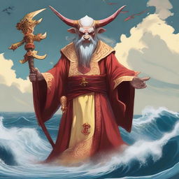 A D&D sea priest with a regular face and slim body, featuring Oni horns that resemble an ox's