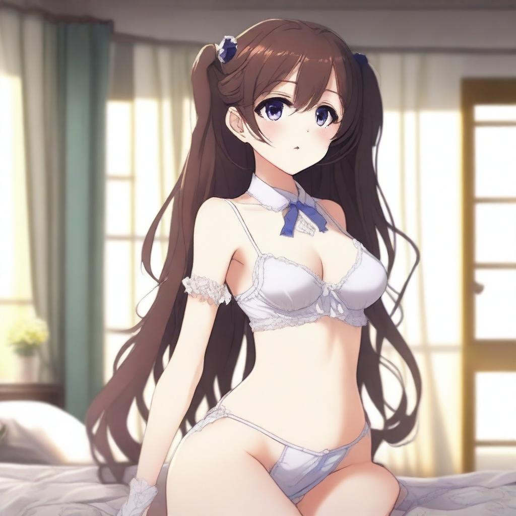 An anime schoolgirl wearing elegant lingerie