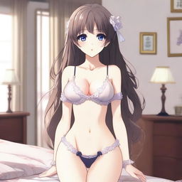 An anime schoolgirl wearing elegant lingerie