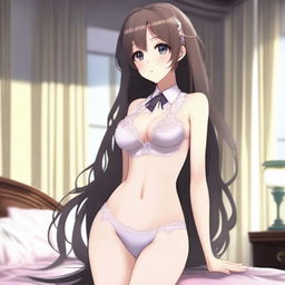 An anime schoolgirl wearing elegant lingerie