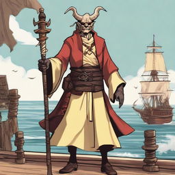 A D&D human priest pirate with a regular face and slim body, featuring Oni horns that resemble an ox's