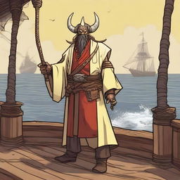 A D&D human priest pirate with a regular face and slim body, featuring Oni horns that resemble an ox's