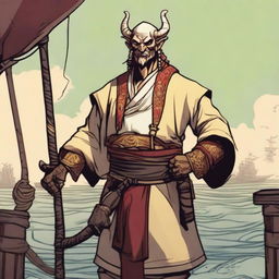 A D&D human priest pirate with a regular face and slim body, featuring Oni horns that resemble an ox's