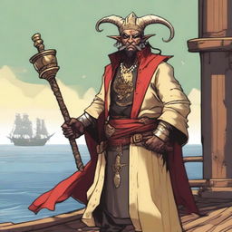 A D&D human priest pirate with a regular face and slim body, featuring Oni horns that resemble an ox's