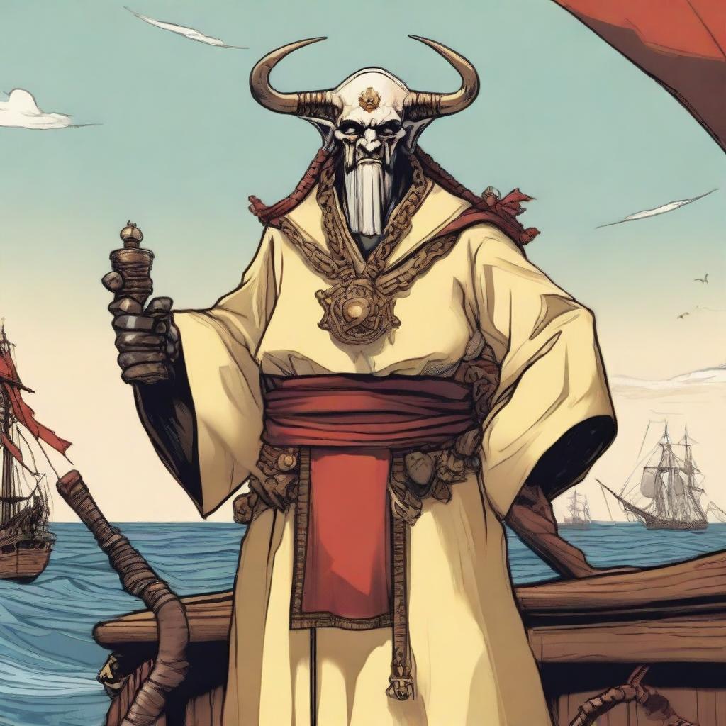 A D&D human priest pirate with a regular face and slim body, featuring Oni horns that resemble an ox's