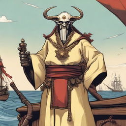 A D&D human priest pirate with a regular face and slim body, featuring Oni horns that resemble an ox's