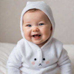 An adorable baby with sparkling eyes, chubby cheeks and a joyful smile, dressed in a soft cotton onesie