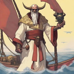 A D&D human priest pirate with a regular face and slim body, featuring Oni horns that resemble an ox's