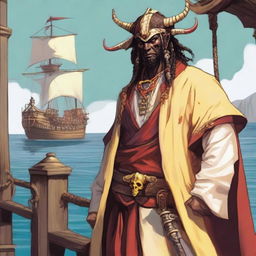 A D&D human priest pirate with a regular face and slim body, featuring Oni horns that resemble an ox's