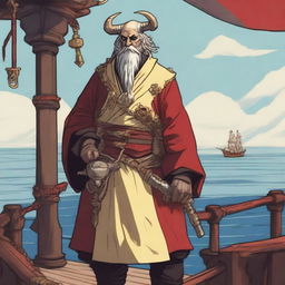 A D&D human priest pirate with a regular face and slim body, featuring Oni horns that resemble an ox's