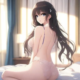 An anime girl wearing elegant lingerie, posing to show her back and accentuate her figure