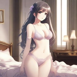 An anime girl wearing elegant lingerie, posing to show her back and accentuate her figure