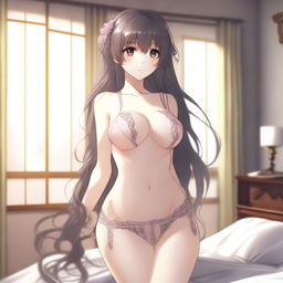 An anime girl wearing elegant lingerie, posing to show her back and accentuate her figure