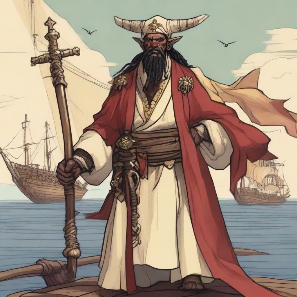A D&D human priest pirate with a regular face and slim body, featuring Oni horns that resemble an ox's