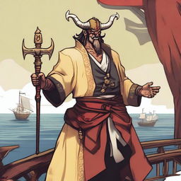 A D&D human priest pirate with a regular face and slim body, featuring Oni horns that resemble an ox's