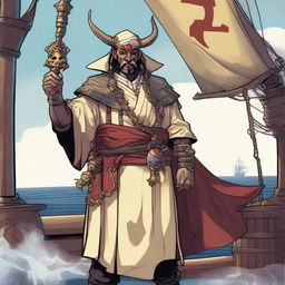 A D&D human priest pirate with a regular face and slim body, featuring Oni horns that resemble an ox's