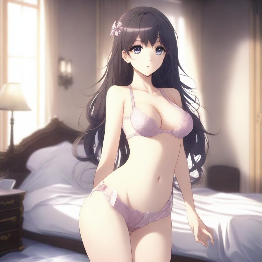 An anime girl wearing elegant lingerie, posing to show her back and accentuate her figure