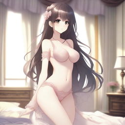 An anime girl wearing elegant lingerie, posing to show her back and accentuate her figure