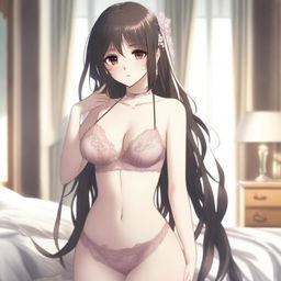 An anime girl wearing elegant lingerie, posing to show her back and accentuate her figure