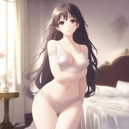 An anime girl wearing elegant lingerie, posing to show her back and accentuate her figure