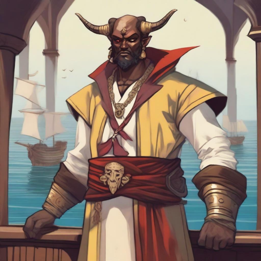A D&D young human priest pirate with a regular face and slim body, featuring Oni horns that resemble an ox's