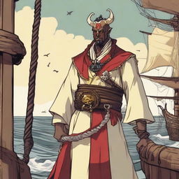 A D&D young human priest pirate with a regular face and slim body, featuring Oni horns that resemble an ox's