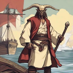 A D&D young human priest pirate with a regular face and slim body, featuring Oni horns that resemble an ox's