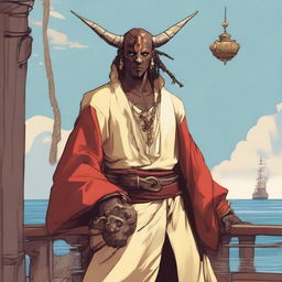 A D&D young human priest pirate with a regular face and slim body, featuring Oni horns that resemble an ox's