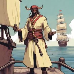 A D&D young human priest pirate with a regular face and slim body, featuring Oni horns that resemble an ox's