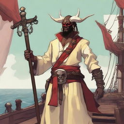 A D&D young human priest pirate with a regular face and slim body, featuring Oni horns that resemble an ox's