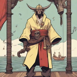 A D&D young human priest pirate with a regular face and slim body, featuring Oni horns that resemble an ox's