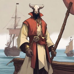 A D&D young human priest pirate with a regular face and slim body, featuring Oni horns that resemble an ox's