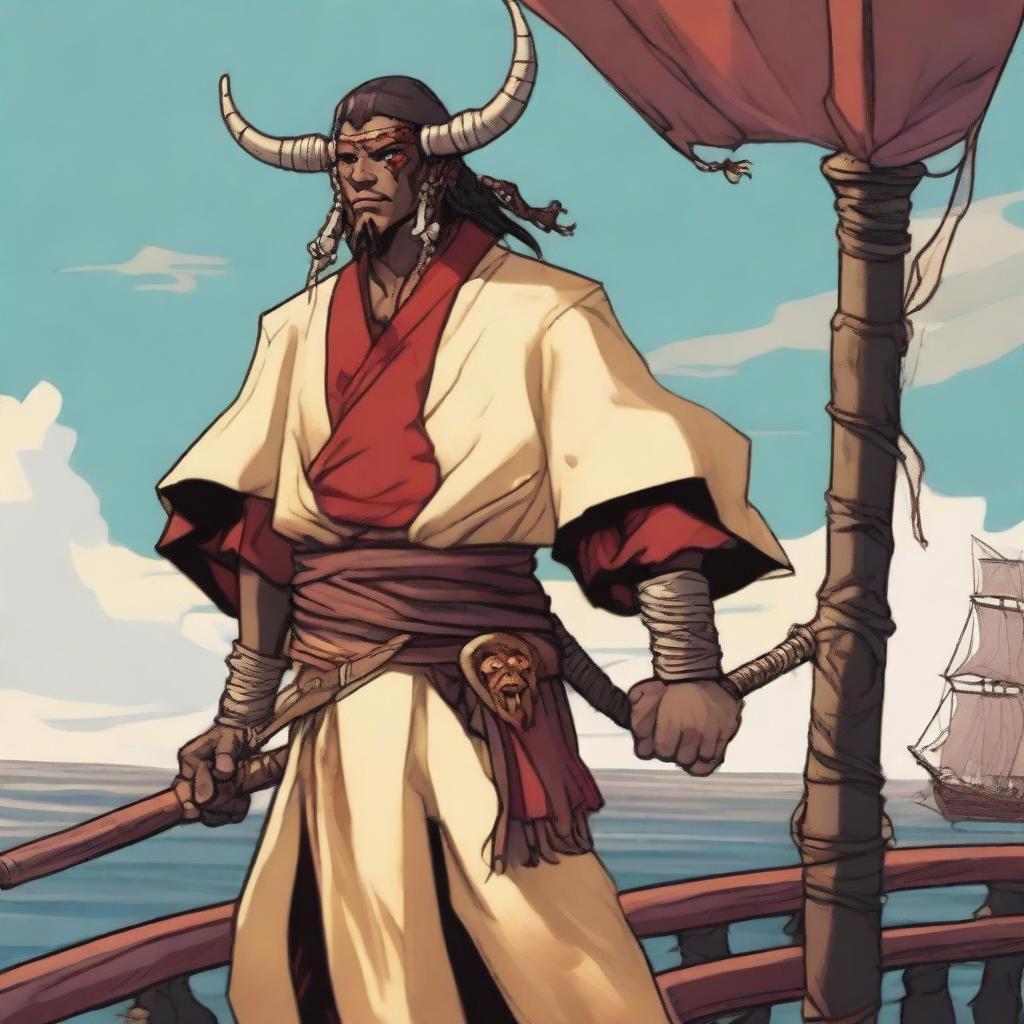 A D&D young human priest pirate with a regular face and slim body, featuring Oni horns that resemble an ox's