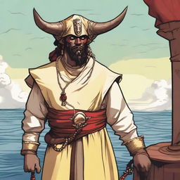 A D&D young human priest pirate with a regular face and slim body, featuring Oni horns that resemble an ox's