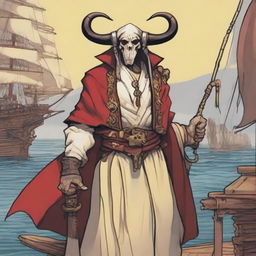 A D&D young human priest pirate with a regular face and slim body, featuring Oni horns that resemble an ox's