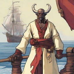 A D&D young human priest pirate with a regular face and slim body, featuring Oni horns that resemble an ox's