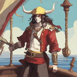 A young human pirate with a regular face and slim body, featuring Oni horns that resemble an ox's